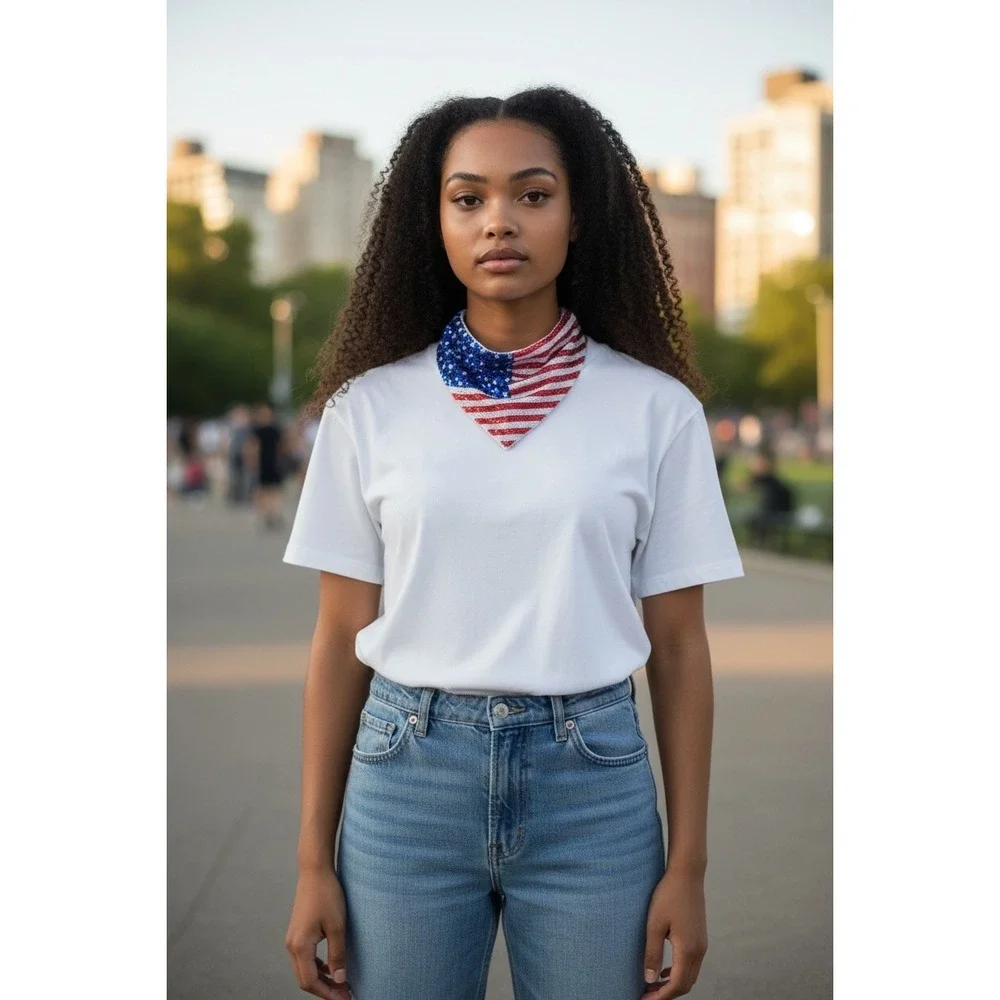 American Flag Beaded Bandana Scarf Patriotic Red White Blue Sequin Neckerchief - Picture 2 of 5